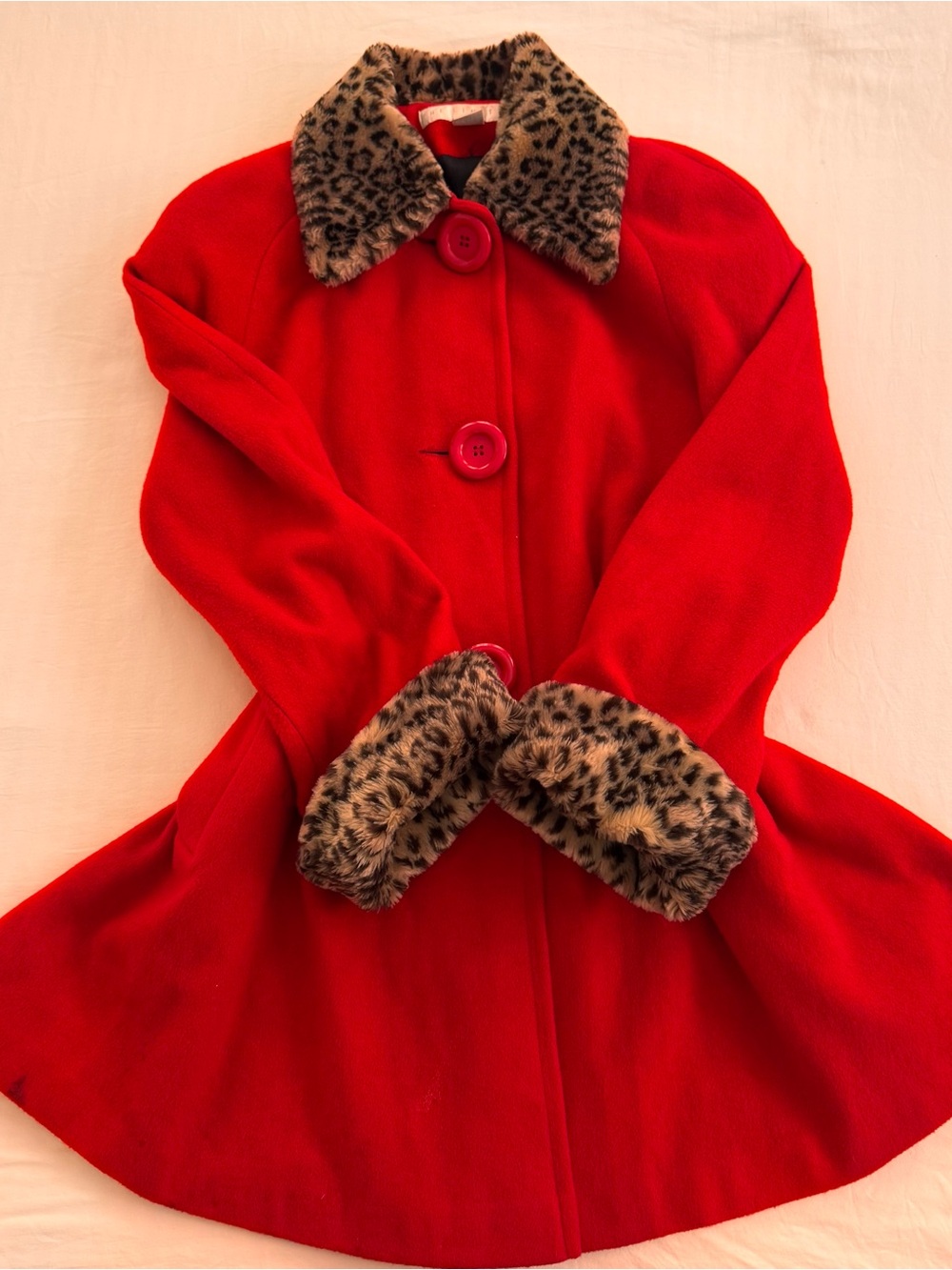 Red wool coat with leopard print collar and cuffs